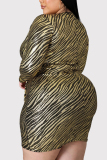 Gold Fashion Casual Plus Size Print V Neck Long Sleeve Dress