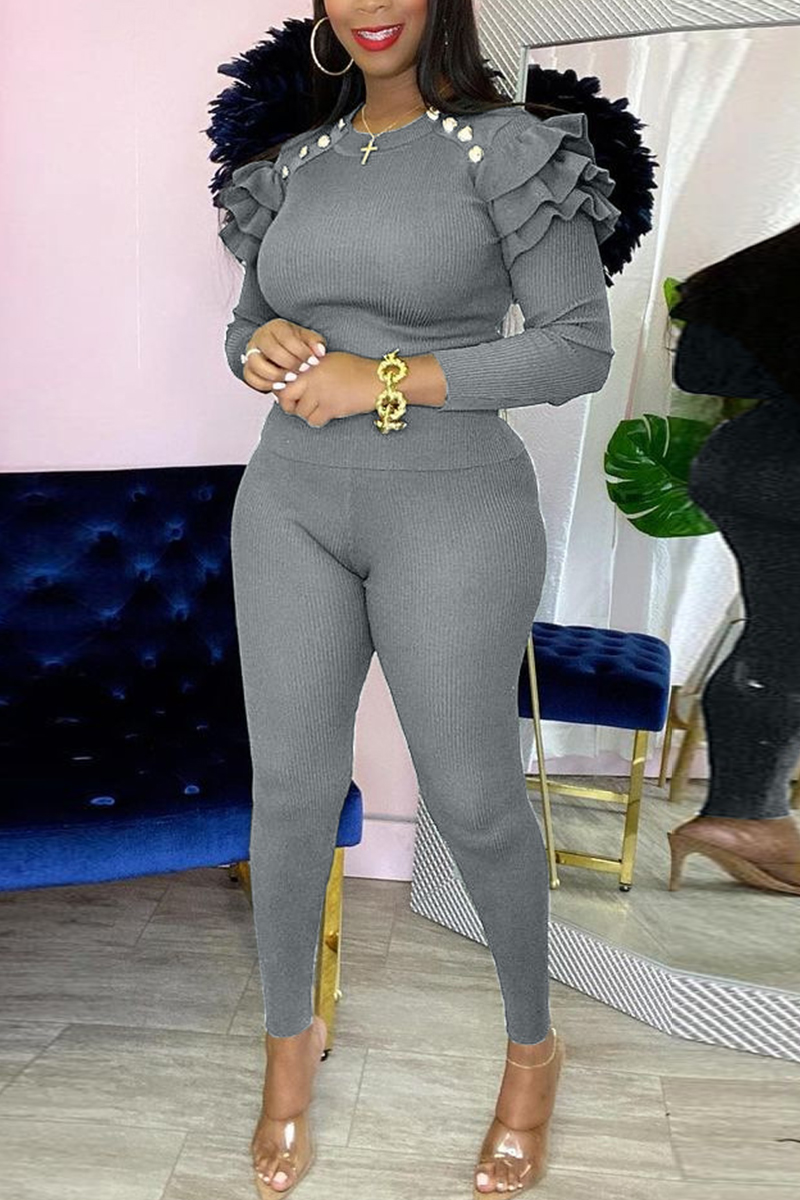 Grey Fashion Casual Solid Patchwork O Neck Long Sleeve Two Pieces