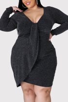 Black Fashion Casual Solid Patchwork V Neck Long Sleeve Dress Plus Size 
