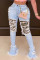 Medium Blue Fashion Casual Patchwork Ripped Mid Waist Boot Cut Jeans