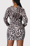 Leopard Print Fashion Casual Print Basic Hooded Collar Long Sleeve Dress