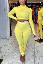 Yellow Sexy Letter Split Joint Turtleneck Long Sleeve Two Pieces