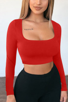 Red Sexy Solid Split Joint Backless Square Collar Tops