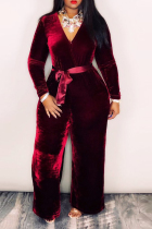 Wine Red Casual Long Sleeves Belted One-piece Jumpsuit