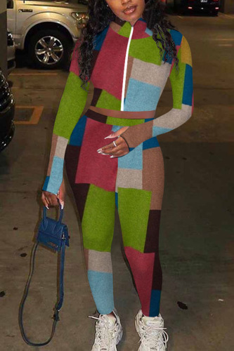Multicolor Sexy Print Patchwork O Neck Long Sleeve Two Pieces