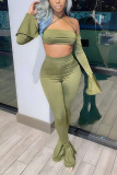 Green Casual Solid Bandage Backless Strapless Long Sleeve Two Pieces