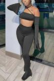 Black Casual Solid Bandage Backless Strapless Long Sleeve Two Pieces