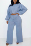 Light Blue Casual Solid O Neck Long Sleeve Two Pieces