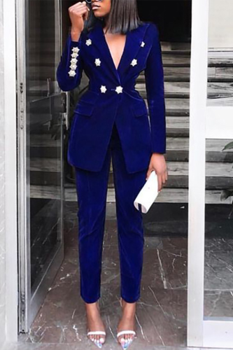 Blue Casual Solid Patchwork Turndown Collar Long Sleeve Two Pieces