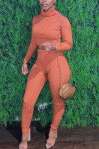 Orange Sexy Solid Patchwork Turtleneck Long Sleeve Two Pieces