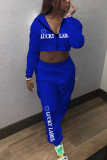 Blue Sportswear Print Letter Hooded Collar Long Sleeve Two Pieces