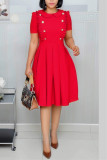 Red Fashion Lotus Leaf Collar Fold OL Wind Short-sleeved Dress