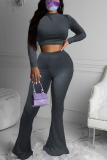 Black Fashion Solid O Neck Long Sleeve Two Pieces