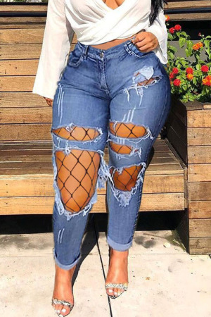 Light Blue Sexy Solid Ripped Buttons High Waist Regular Denim