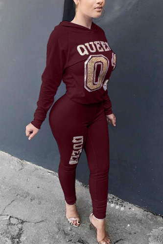 Wine Red Casual Letter Print Patchwork Hooded Collar Long Sleeve Two Pieces
