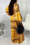 Yellow Sexy Print Patchwork Long Sleeve Two Pieces