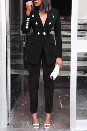 Black Casual Solid Patchwork Turndown Collar Long Sleeve Two Pieces