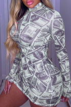Grey Celebrities Print O Neck Wrapped Skirt Dresses