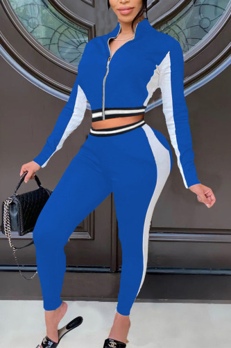 Blue Fashion Solid Patchwork Zipper Collar Long Sleeve Two Pieces
