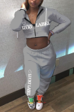 Grey Sportswear Print Letter Hooded Collar Long Sleeve Two Pieces
