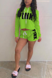 Fluorescent Green Sportswear Print Hooded Collar Long Sleeve Two Pieces