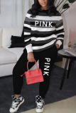 Black Casual Print O Neck Long Sleeve Two Pieces