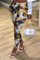White Sexy Print Patchwork Skinny Mid Waist Pencil Bottoms