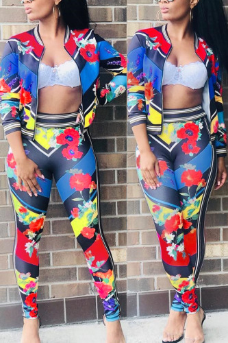 Rose Red Sportswear Print Zipper Collar Long Sleeve Two Pieces
