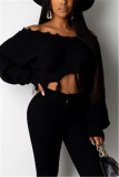 Black Long Sleeve Tassel Cut Loose Sweater