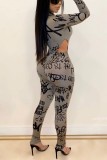 Grey adult Sexy Fashion Two Piece Suits Print pencil Long Sleeve