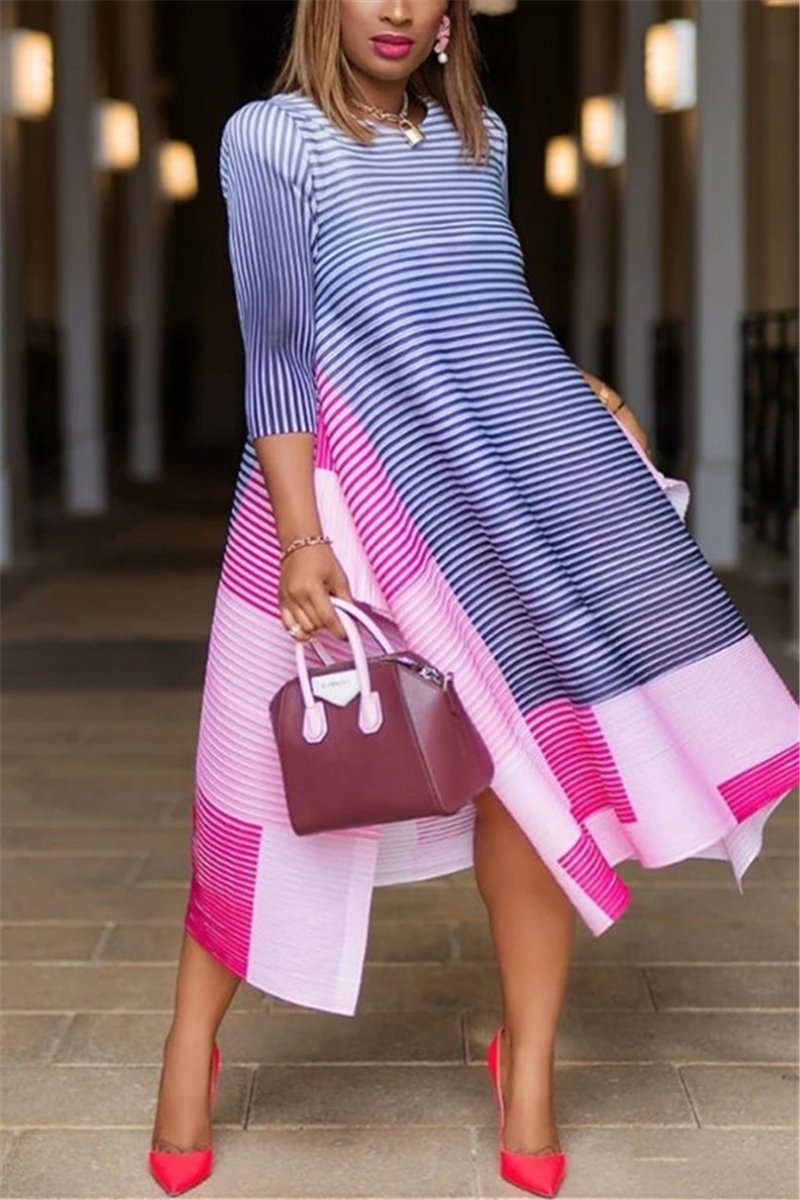 fashion-striped-print-stitching-blue-pink-loose-dress