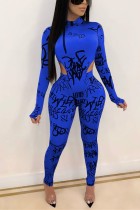 Blue Polyester adult Sexy Fashion Two Piece Suits Print pencil Long Sleeve 