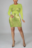 Fluorescent Green Sexy Print Patchwork O Neck Pencil Skirt Dresses