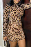 Leopard Print Sexy Leopard Mandarin Collar Wrapped Skirt Dresses