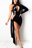 Black Fashion Sexy Patchwork Solid Hollowed Out Backless One Shoulder Asymmetrical Dresses