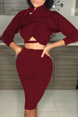 Wine Red Sexy Solid Patchwork Bateau Neck Long Sleeve Two Pieces