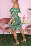 Green Sexy Fashion Print Bubble Sleeves Dress