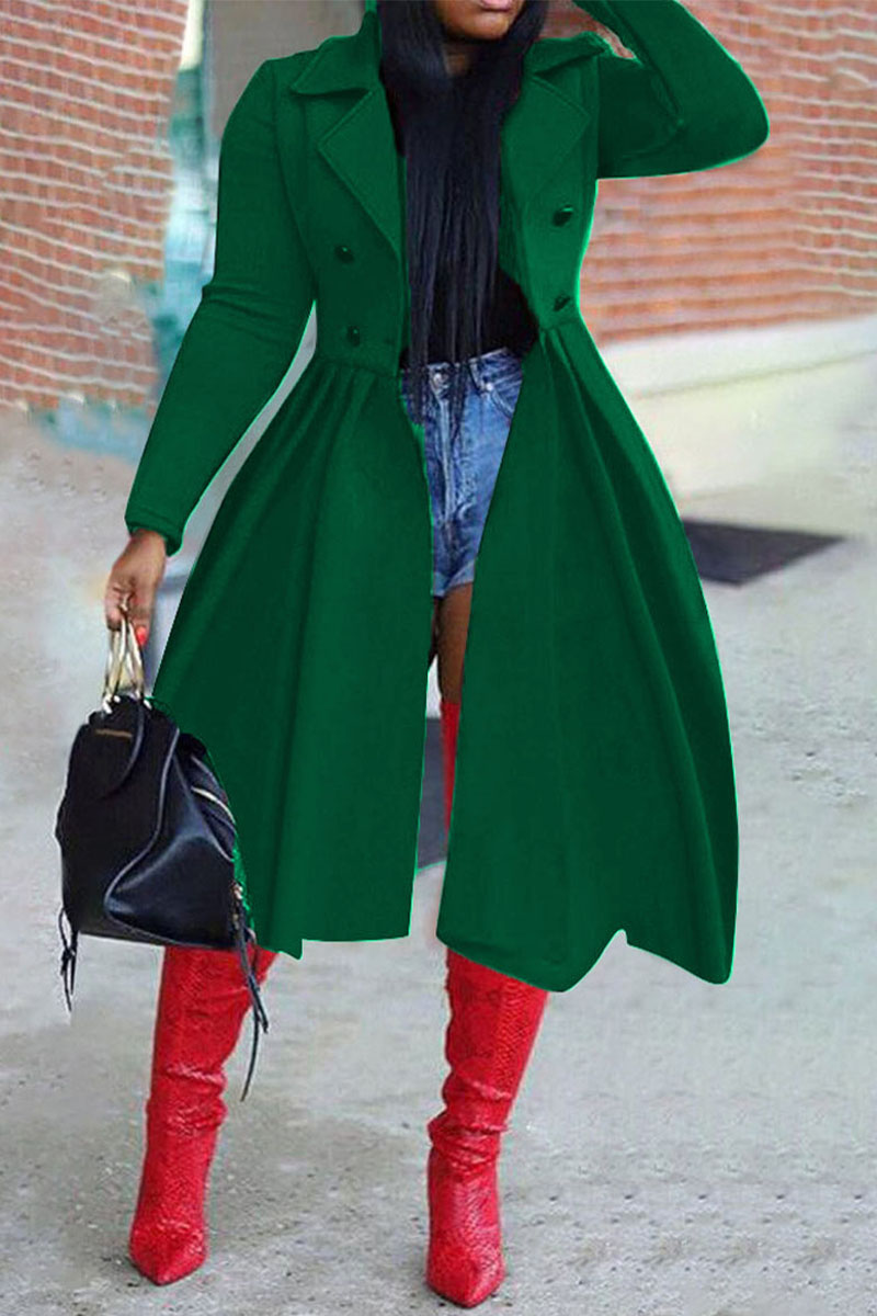 

Dark Green Elegant Solid Split Joint Turndown Collar Outerwear
