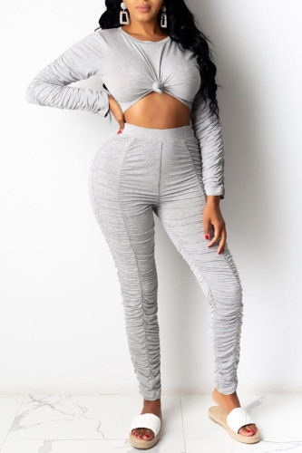 Grey Fashion Casual Solid Fold O Neck Long Sleeve Two Pieces