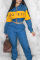 Blue Polyester Elastic Fly Long Sleeve Mid Letter Patchwork Straight Pants 
