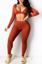 Orange Sexy Solid V Neck Long Sleeve Two Pieces