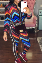 Colour Casual Print Patchwork Zipper Collar Long Sleeve Two Pieces