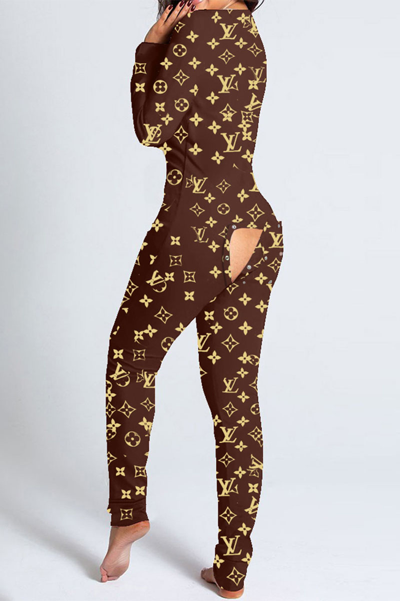 

Brown Living Print Split Joint Skinny Jumpsuits