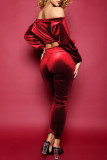 Red Sexy Casual Solid Backless Bateau Neck Long Sleeve Two Pieces