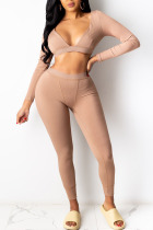 Khaki Sexy Solid V Neck Long Sleeve Two Pieces