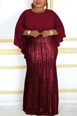 Wine Red Fashion Sequins Patchwork Chiffon Bat Sleeve Evening Dress