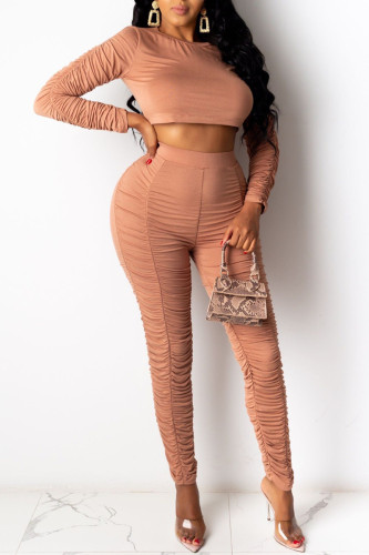 Orange Fashion Casual Solid Fold O Neck Long Sleeve Two Pieces
