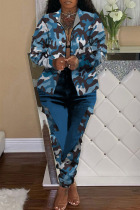 Blue Casual Print Split Joint Long Sleeve Two Pieces