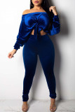 Blue Sexy Casual Solid Backless Bateau Neck Long Sleeve Two Pieces