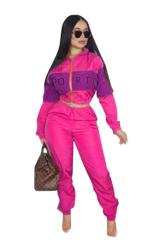 rose red Elastic Fly Long Sleeve Mid Letter Patchwork Straight Pants